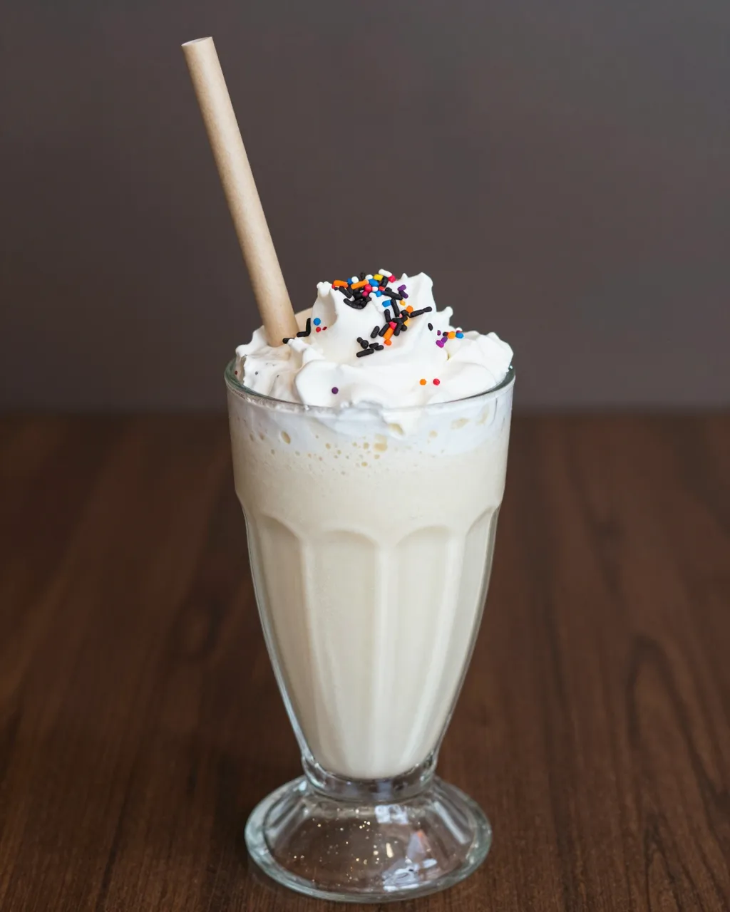 A vanilla milkshake topped with whipped cream, colorful sprinkles, and a paper straw sits in a glass on a wooden table.