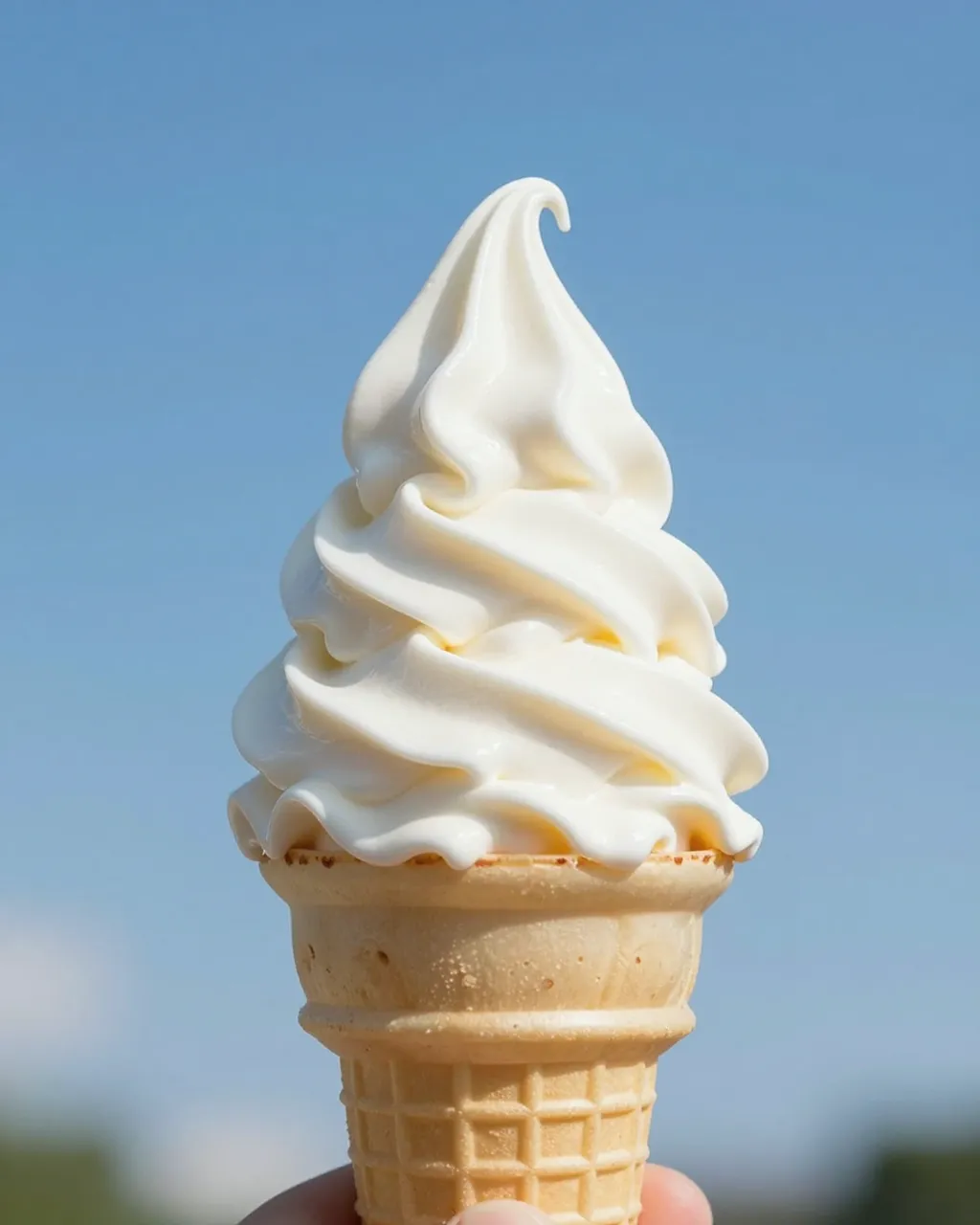 A tall glossy vanilla soft serve swirl in a waffle cone held against bright blue summer sky