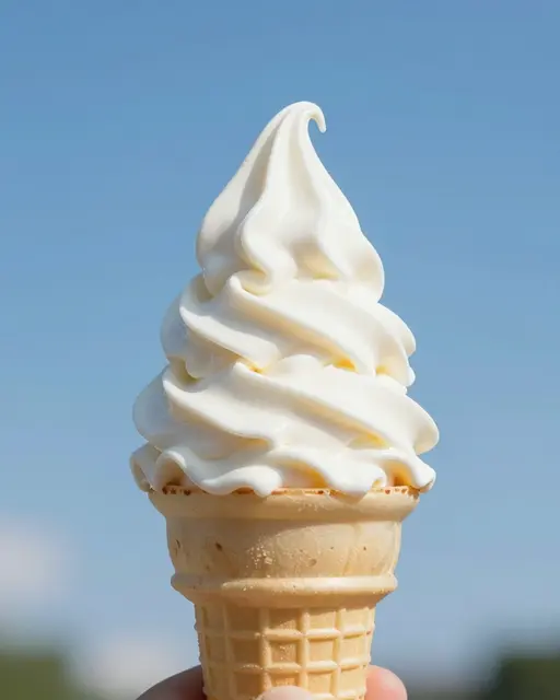 A tall glossy vanilla soft serve swirl in a waffle cone held against bright blue summer sky