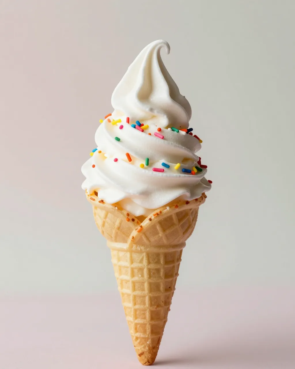 A vanilla soft serve ice cream cone with rainbow sprinkles sits against a soft pastel gradient background.