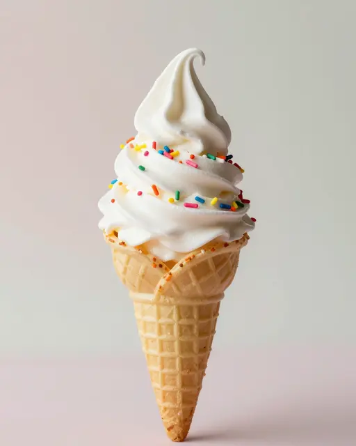 A vanilla soft serve ice cream cone with rainbow sprinkles sits against a soft pastel gradient background.
