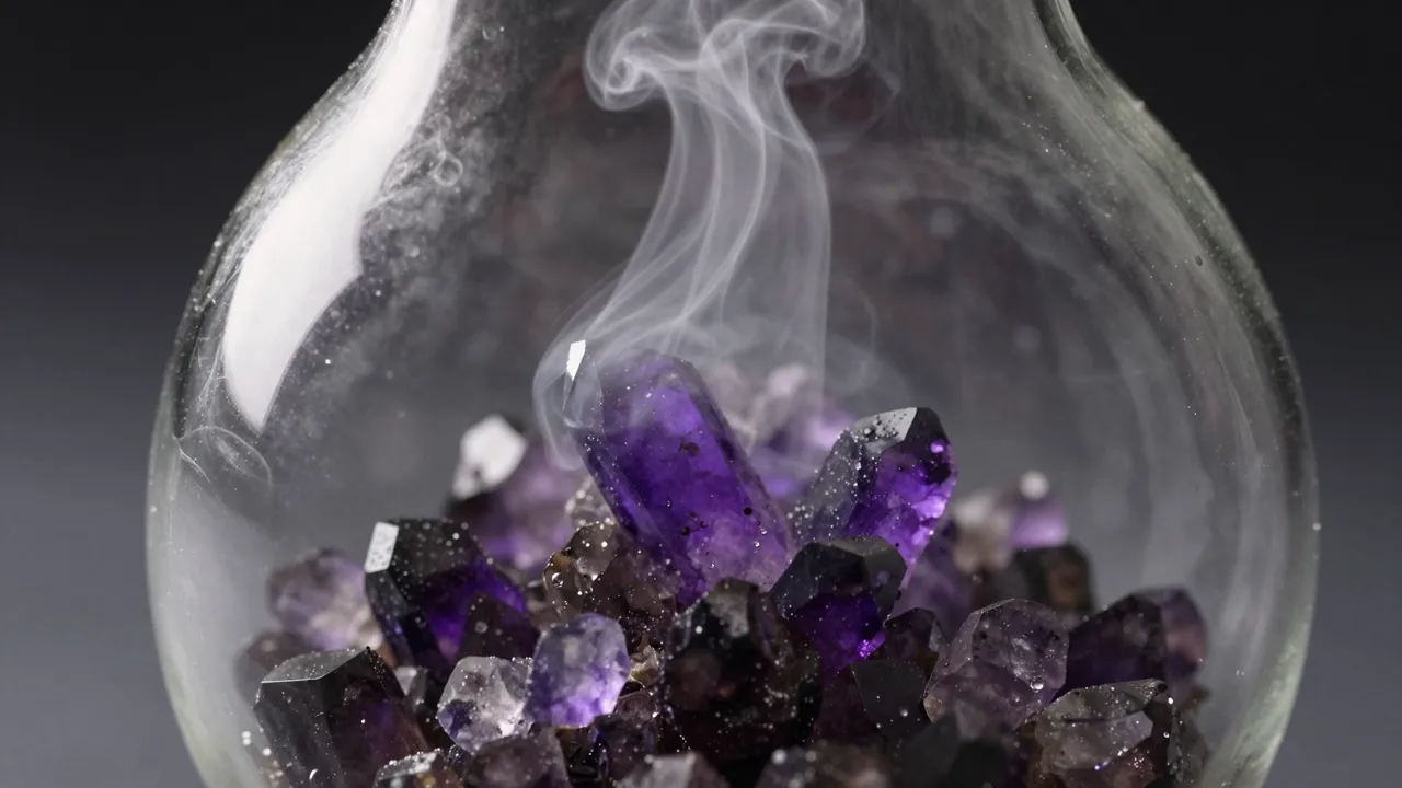Thin wispy vapor rises from dark purple crystals held inside a clear glass flask against a dark background