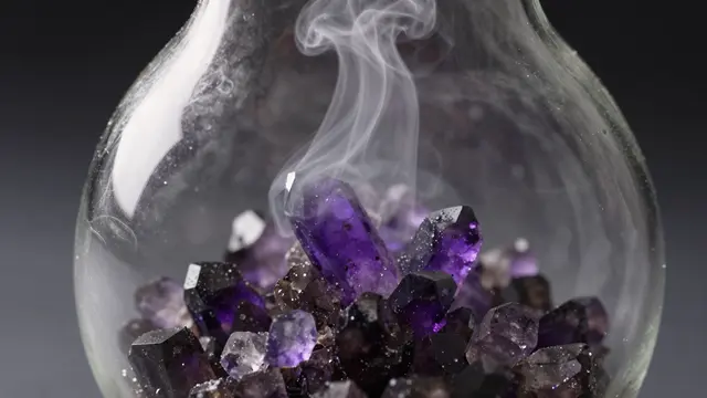 Thin wispy vapor rises from dark purple crystals held inside a clear glass flask against a dark background