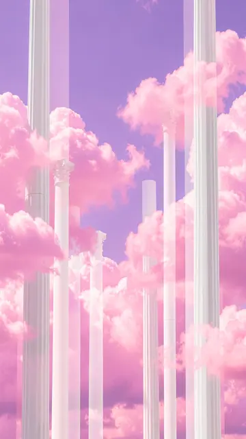 Tall translucent white classical columns stand among soft pink clouds against a lilac gradient sky
