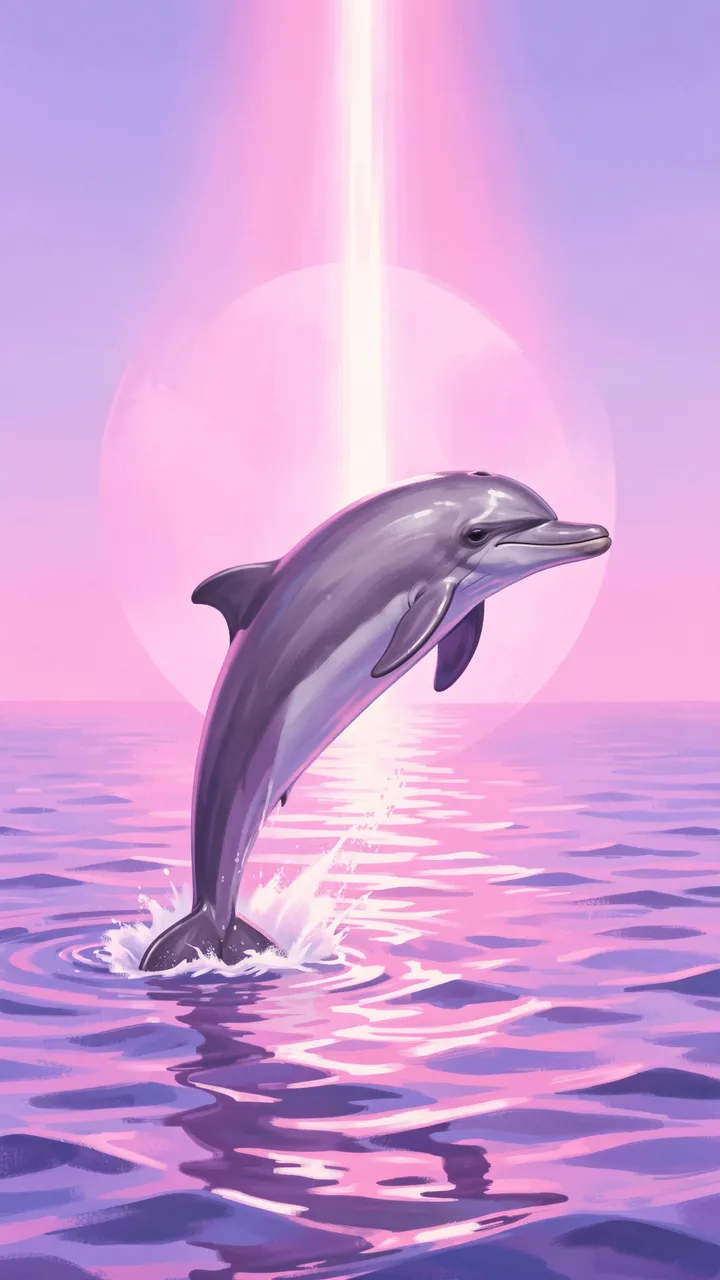 A dolphin arcs upward from lilac sea water beneath a glowing pink moon and vertical light beam