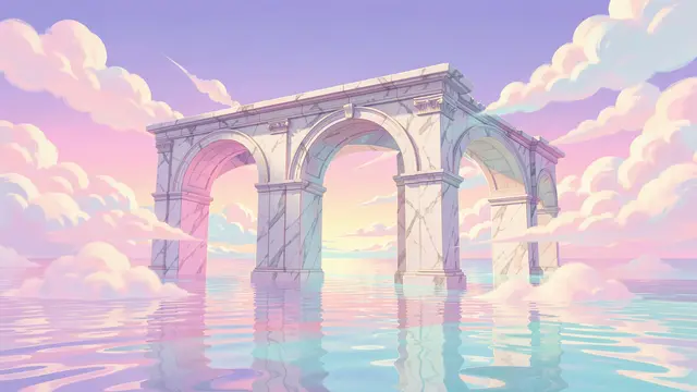Pastel vaporwave illustration of marble arches rising from calm water beneath fluffy clouds