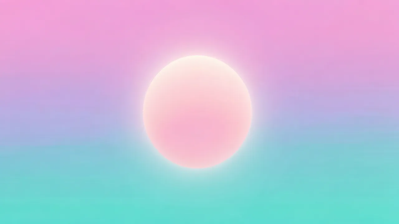 A soft glowing pale sun sits centered against a smooth pastel pink, lilac, and teal gradient background