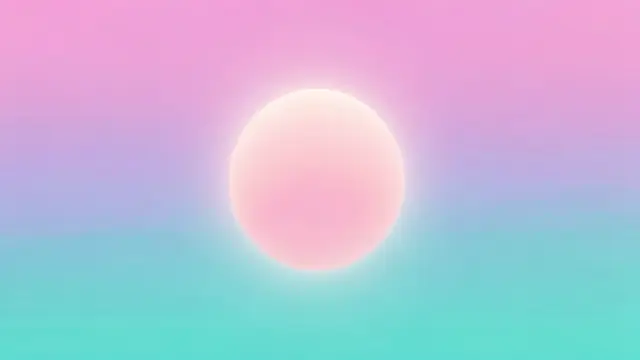 A soft glowing pale sun sits centered against a smooth pastel pink, lilac, and teal gradient background