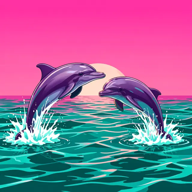 Two stylized purple dolphins leap from a teal ocean beneath a bright pink gradient sunset sky