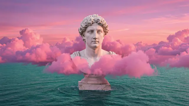 Classical marble bust sits between pink clouds above a teal sea beneath a pink and purple dusk sky