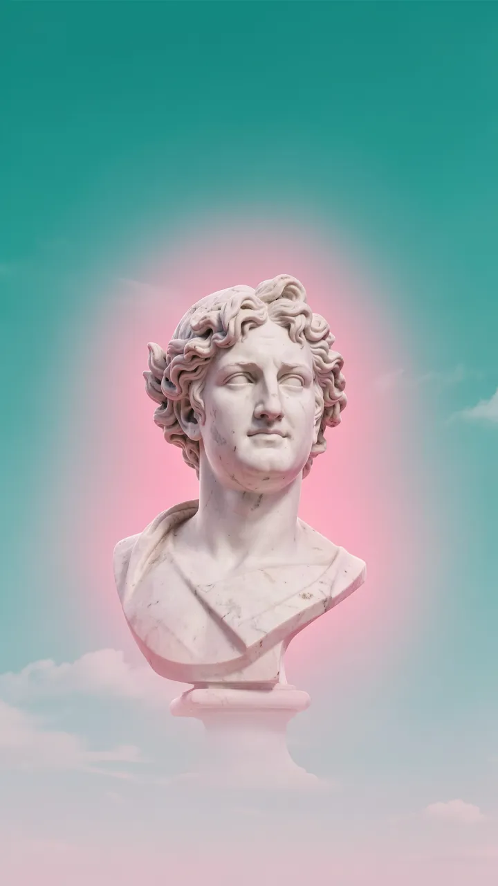 Classical white marble bust with a soft pink glow set against a gradient teal sky with wispy clouds