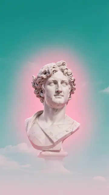 Classical white marble bust with a soft pink glow set against a gradient teal sky with wispy clouds