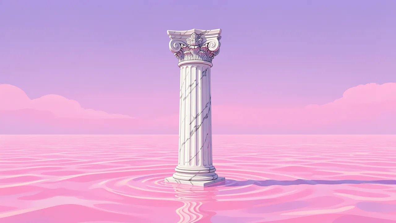 A carved white marble column rises from a calm pastel pink sea under a gradient lilac sky.