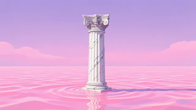 A carved white marble column rises from a calm pastel pink sea under a gradient lilac sky.