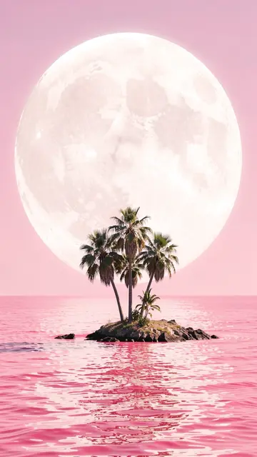 A tiny palm-covered tropical island sits in a pink sea beneath a giant pale full moon against a pink sky