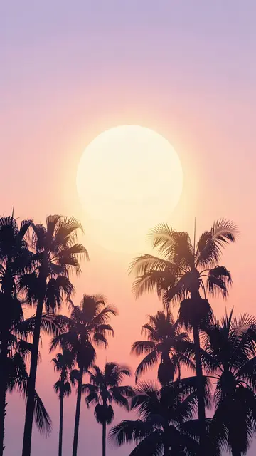 Dark palm tree silhouettes stand against a soft peach and lilac gradient sky with a glowing pale sun at center