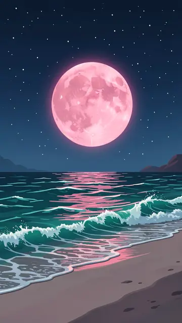 A glowing pink full moon hangs over a teal wave-lit beach under a starry night sky.