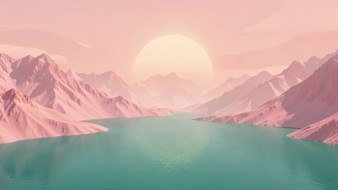Hazy peach sun hangs above soft pink mountain ranges flanking a calm teal lake