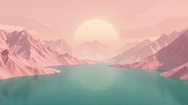 Hazy peach sun hangs above soft pink mountain ranges flanking a calm teal lake