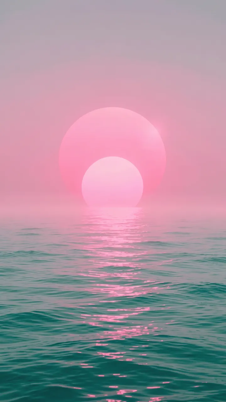 Glossy overlapping pink suns set above calm teal ocean under soft hazy pink sky