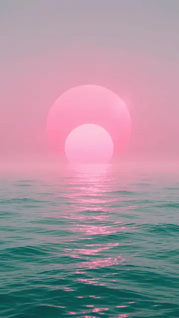 Glossy overlapping pink suns set above calm teal ocean under soft hazy pink sky
