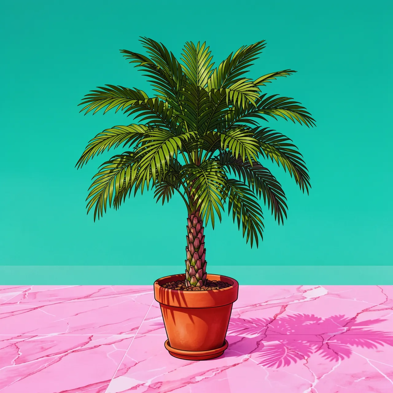 A potted palm tree in a terracotta pot sits on pink marble under a solid teal background