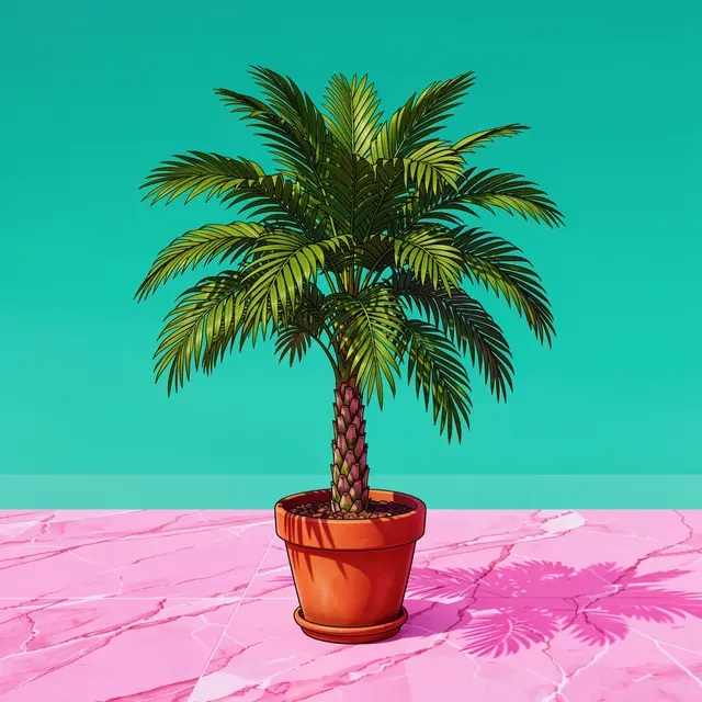 A potted palm tree in a terracotta pot sits on pink marble under a solid teal background