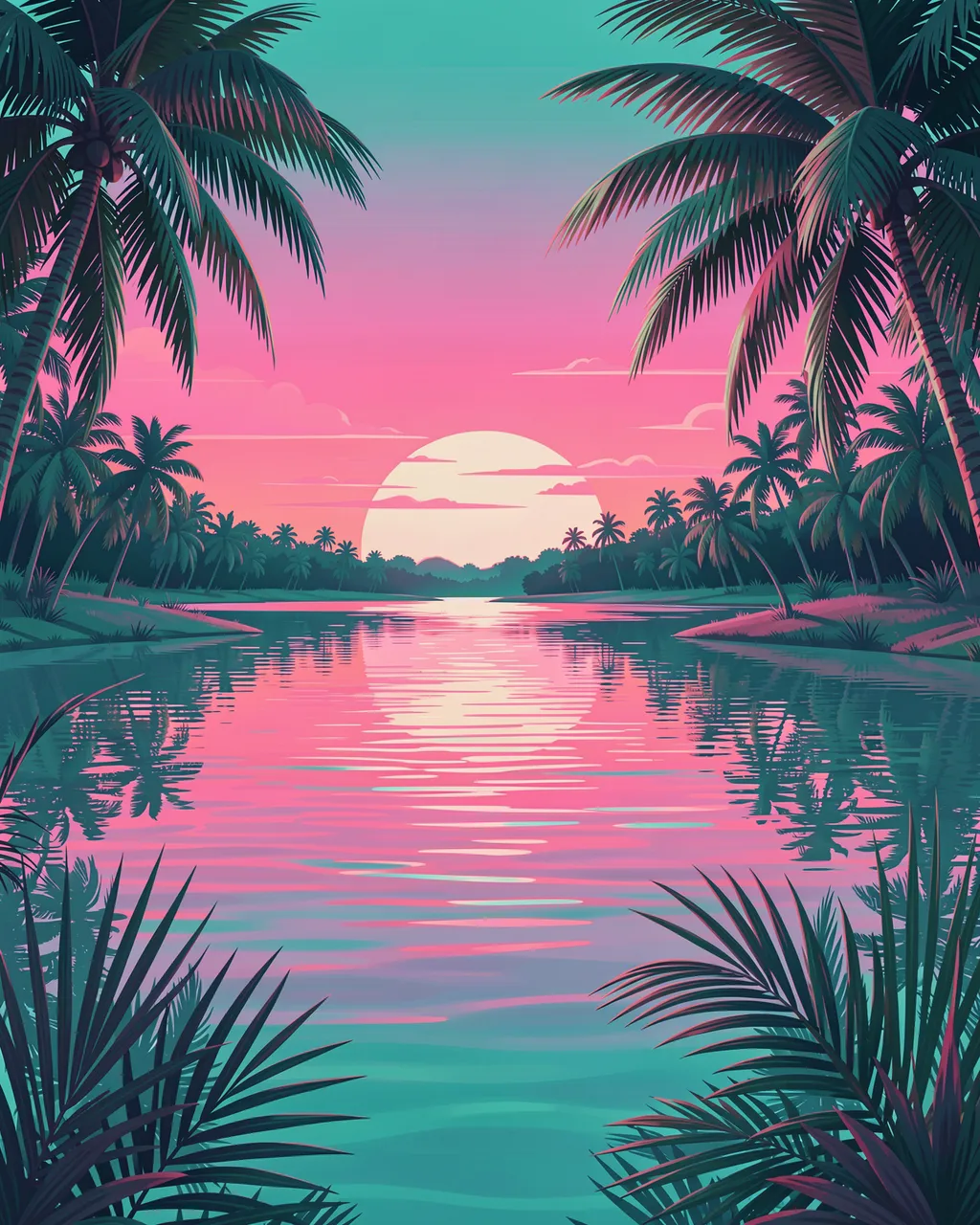 A gradient pink and teal sunset reflects in a calm lagoon framed by palm fronds
