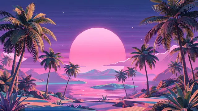Retro vaporwave coastal landscape with palm trees, glowing pink sun, and gradient purple and pink sky over calm water
