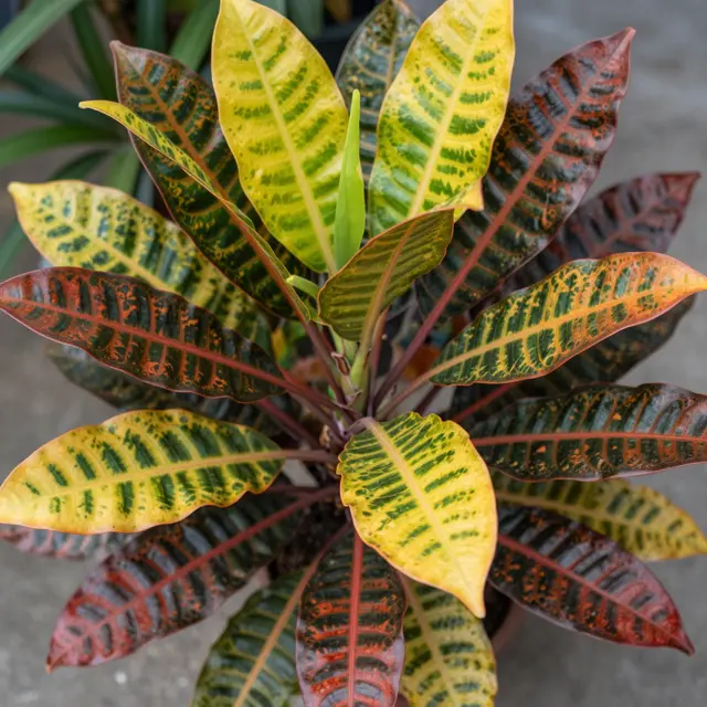 Top-down close-up of a croton plant showing vibrant multicolored patterned foliage