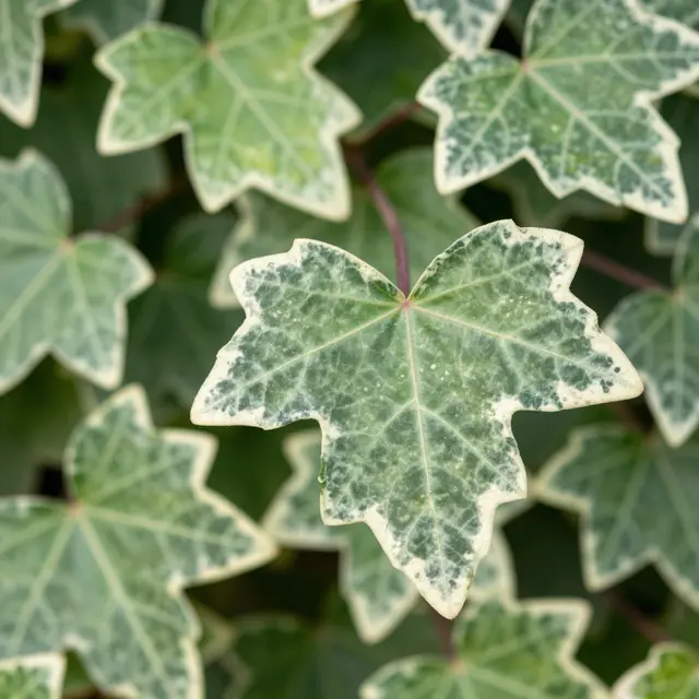 Sharp close-up of variegated ivy leaves with cream edging, focused on a foreground leaf against blurred foliage