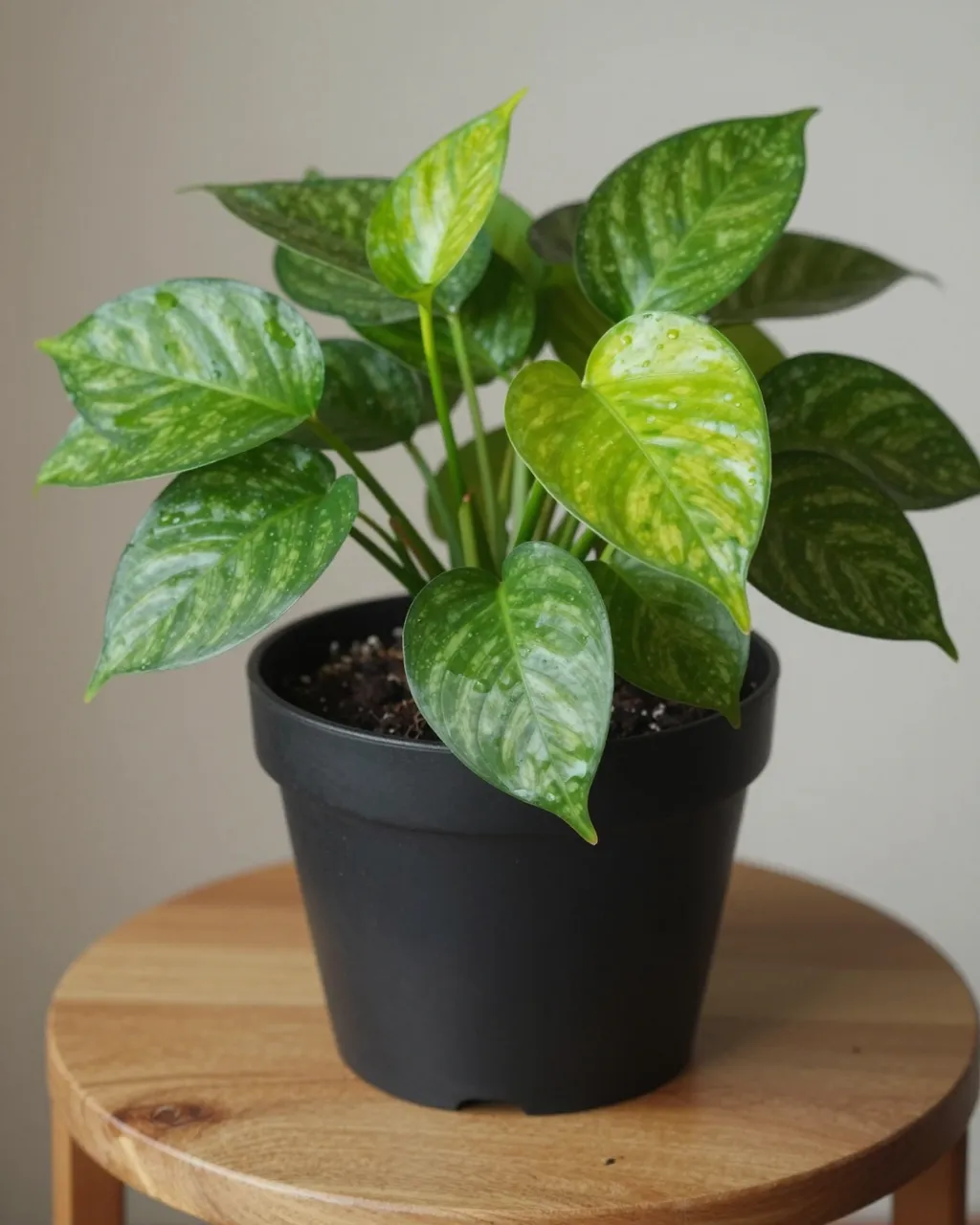 Chartreuse variegated pothos in a matte black pot resting on a round wooden side table