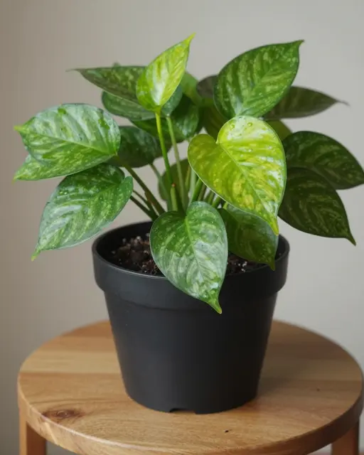 Chartreuse variegated pothos in a matte black pot resting on a round wooden side table