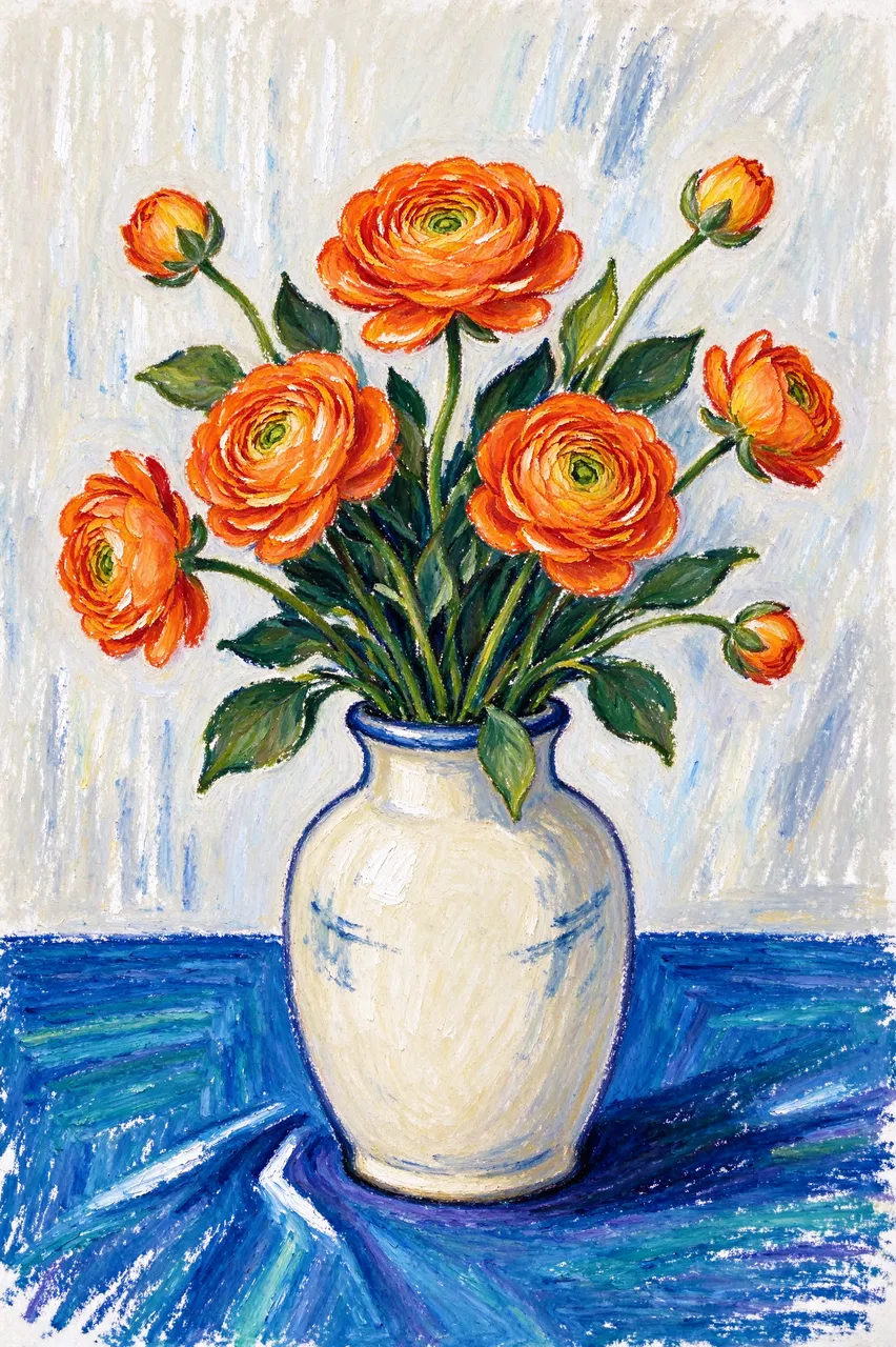 Oil pastel still life of orange ranunculus flowers in a white vase on a blue tablecloth.