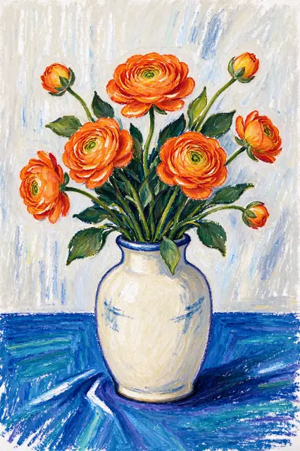 Oil pastel still life of orange ranunculus flowers in a white vase on a blue tablecloth.