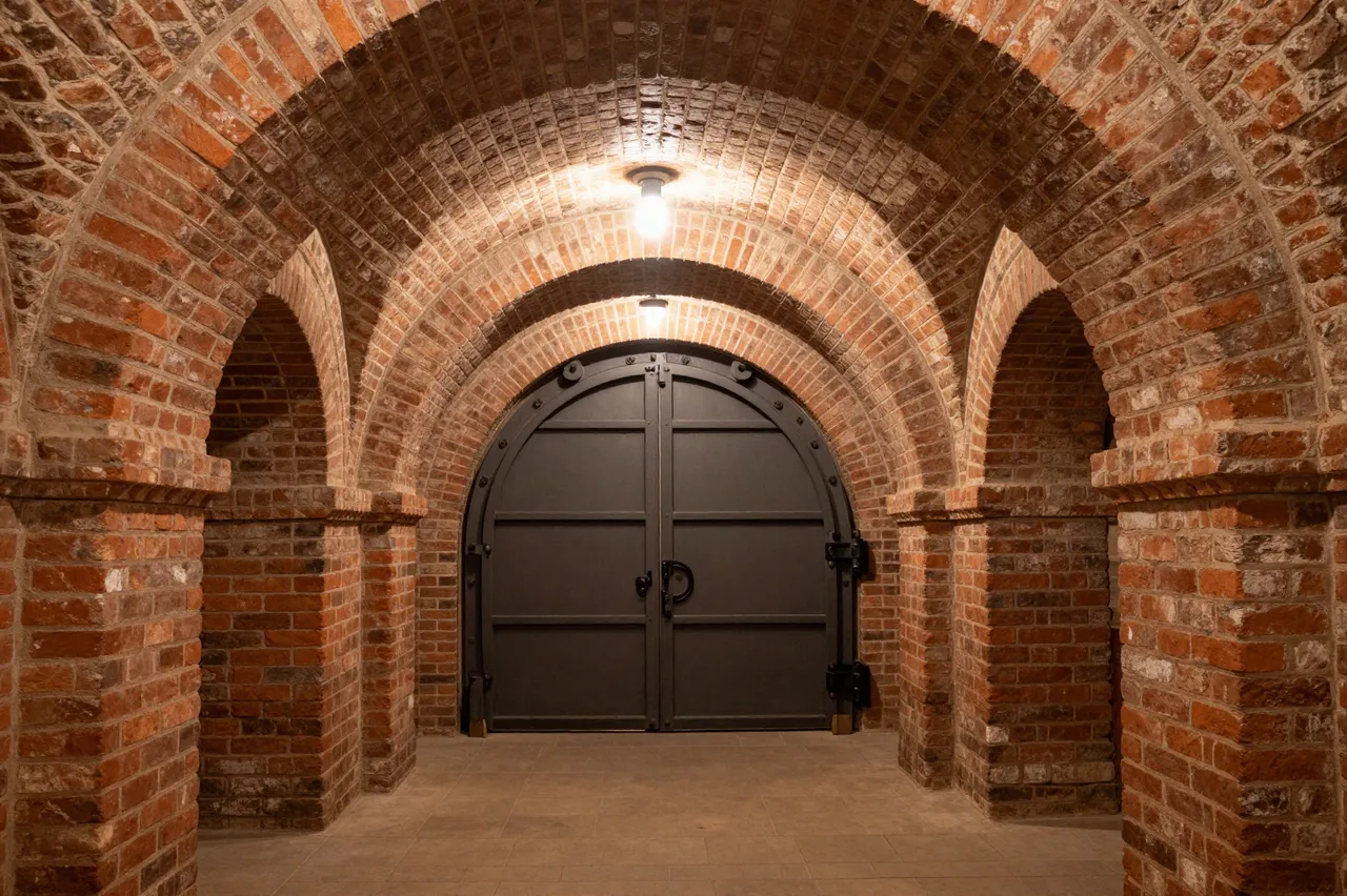 Warm lit vaulted brick cellar with arched passageways and a heavy iron arched door