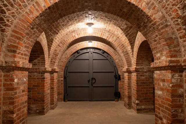 Warm lit vaulted brick cellar with arched passageways and a heavy iron arched door