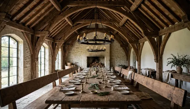 Long rustic refectory table sits under a vaulted timber ceiling with iron candle chandeliers in a stone dining room
