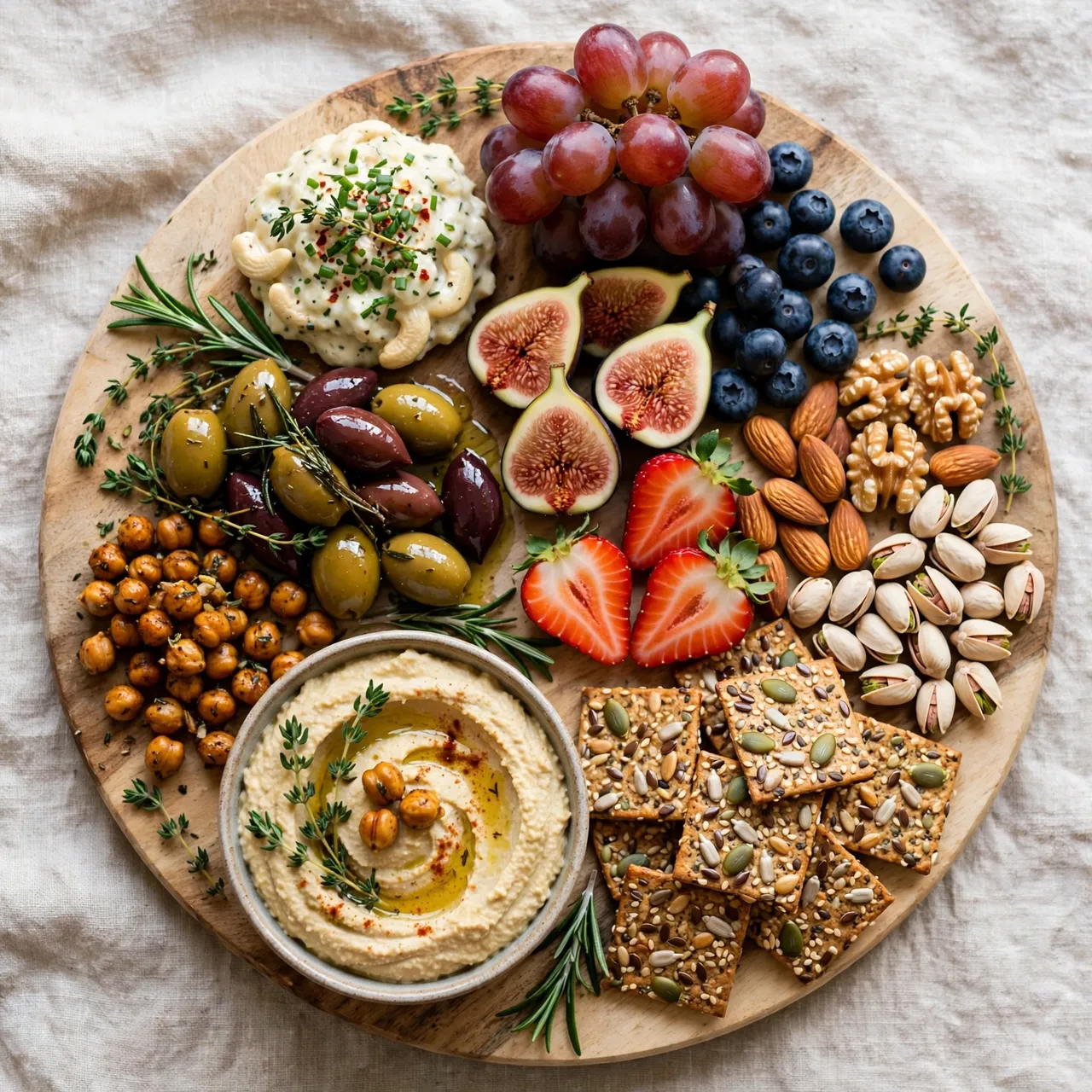Overhead view of a wooden vegan charcuterie board loaded with hummus, fruit, nuts, olives and seeded crackers.