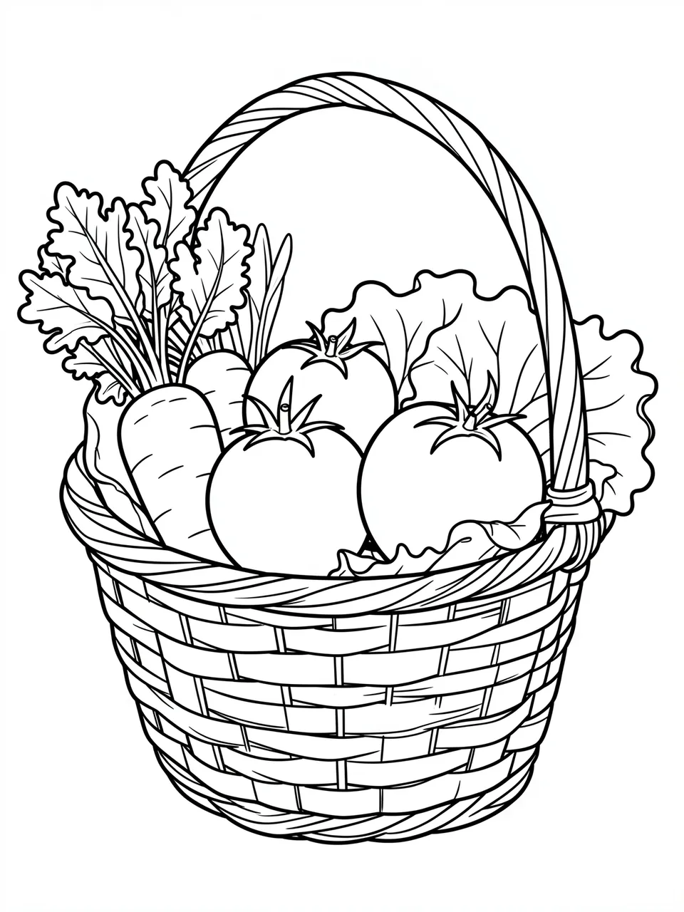 Black and white line art of a woven basket filled with carrots, tomatoes and lettuce on a plain white background