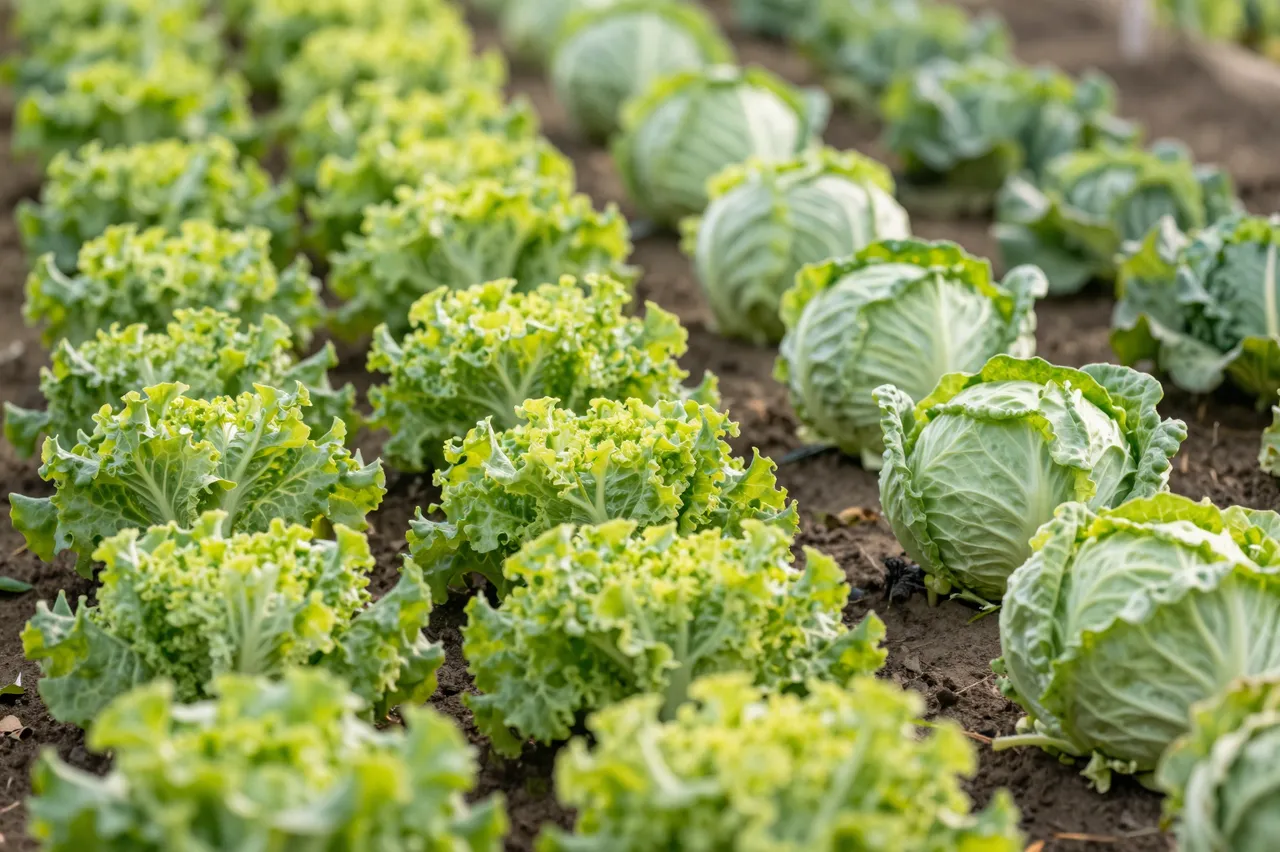 Neat parallel rows of leaf lettuce and round cabbages grow in tilled farm soil under soft morning light.