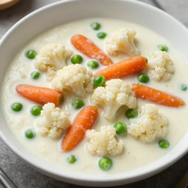 Creamy vegetable korma with cauliflower, whole carrots, and peas served in a white bowl on a gray surface