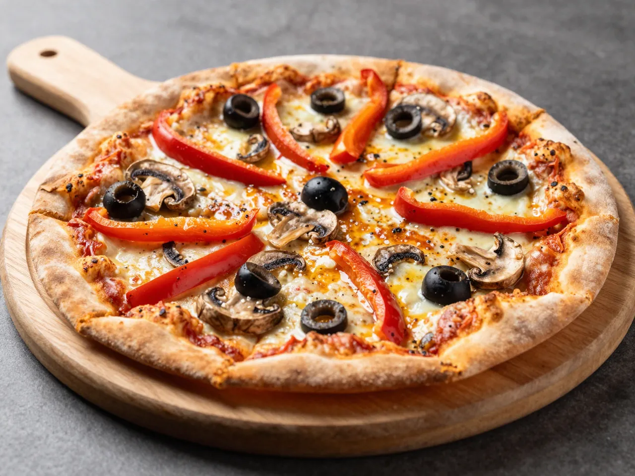 Fresh vegetable pizza topped with peppers, mushrooms and olives rests on a wooden pizza peel over a dark gray countertop.