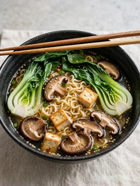 A dark ceramic bowl of vegetable ramen topped with bok choy, shiitake, tofu and sesame seeds, with wooden chopsticks resting