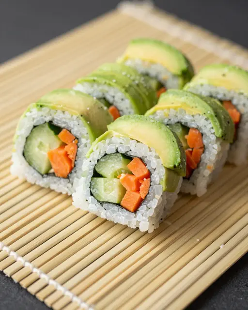 Close-up of fresh avocado cucumber carrot sushi rolls arranged on a bamboo sushi rolling mat