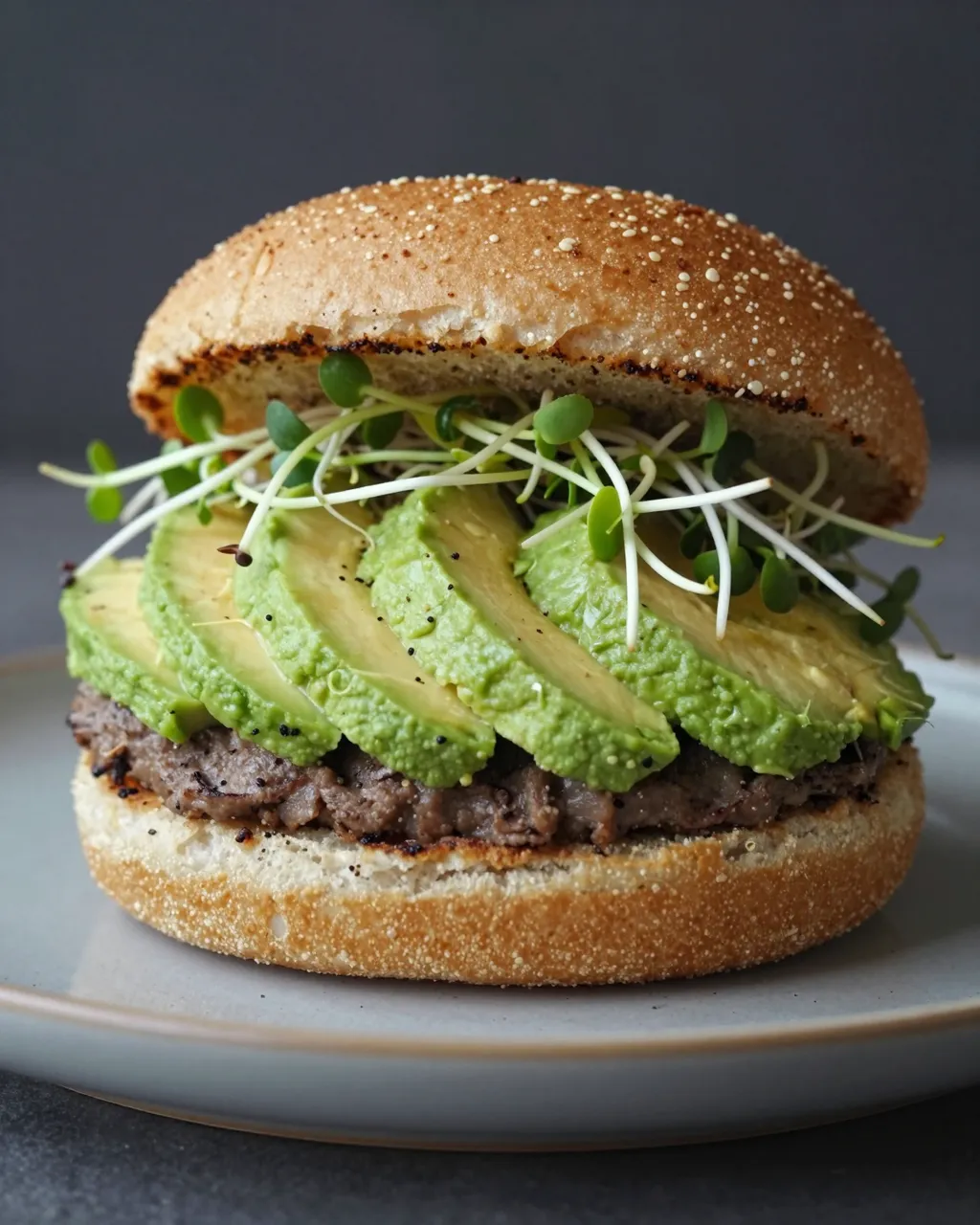 A stacked veggie burger with avocado slices and sprouts sits on a light ceramic plate against a dark background