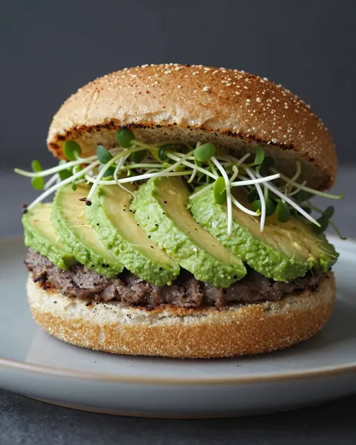 A stacked veggie burger with avocado slices and sprouts sits on a light ceramic plate against a dark background