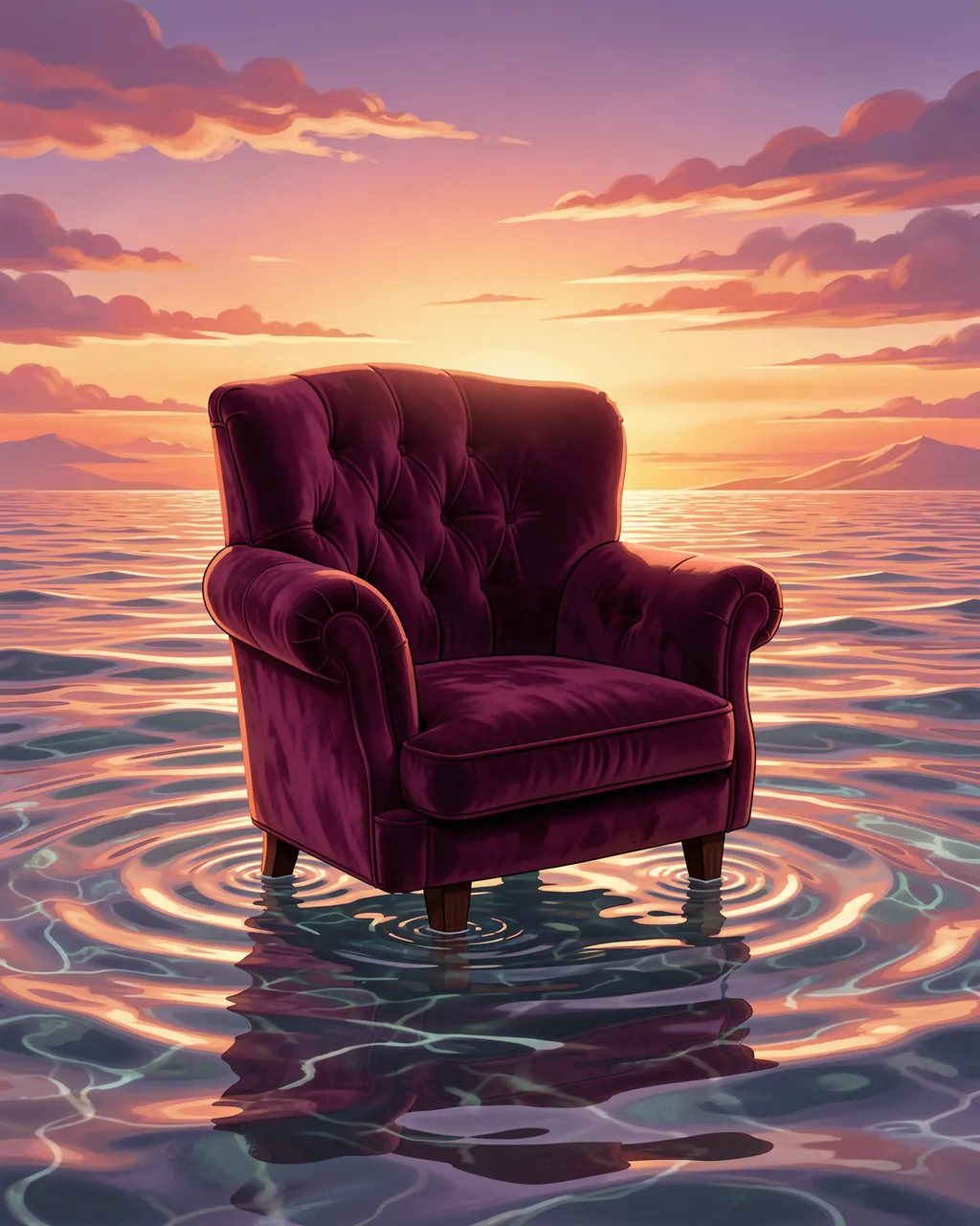 A tufted deep purple velvet armchair stands partially submerged in calm shallow ocean water during a colorful sunset