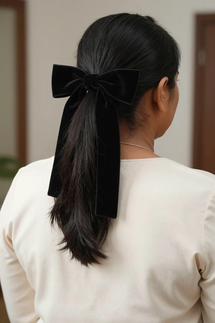 Rear view of a South Asian woman wearing a cream blouse with a black velvet bow in her low ponytail
