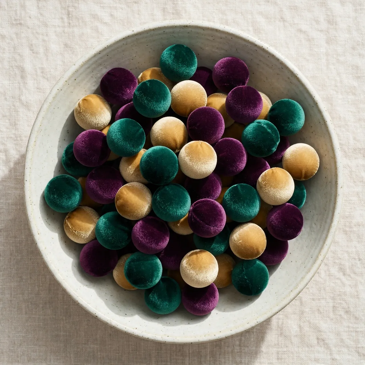 Overhead view of velvet emerald, plum and gold baubles heaped in a speckled ceramic bowl on linen fabric